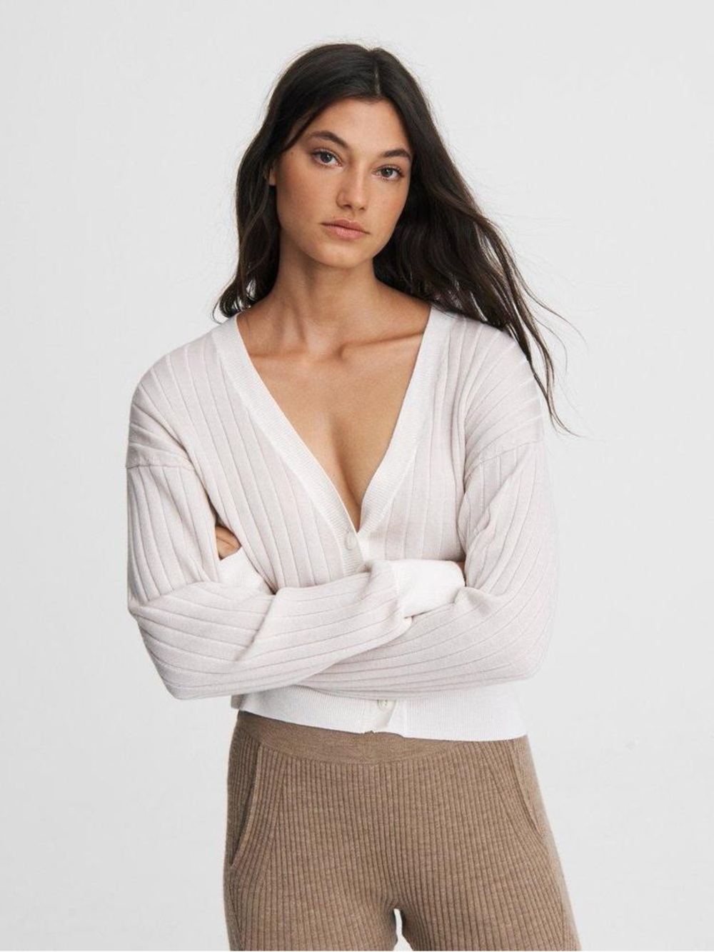 Rag & Bone Dallyce Cropped Cardigan, 100% Merino Wool, Two-Tone Rib (M)